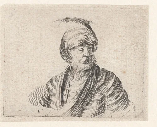 Buste van een oude man met baard en tulband met pluim by Stefano della Bella, print, 1620-1657