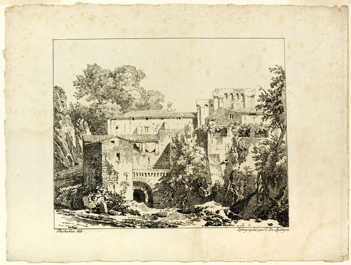 Landscape with Ruins and Viaduct by Achille Etna Michallon, print, 1817