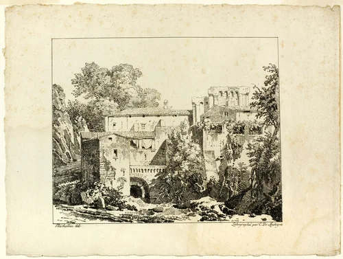 Landscape with Ruins and Viaduct by Achille Etna Michallon, print, 1817