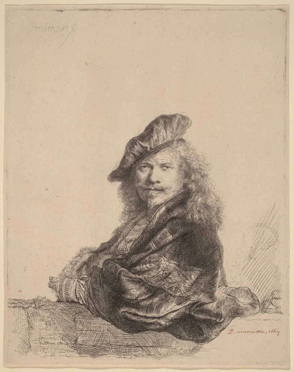 Self-Portrait Leaning on a Stone Sill by Rembrandt van Rijn, print, 1639
