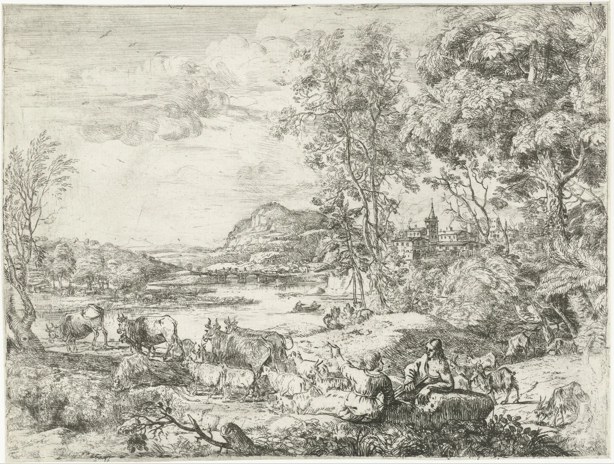 Herder en herderin in gesprek by Claude Lorrain, print, 1649-1653