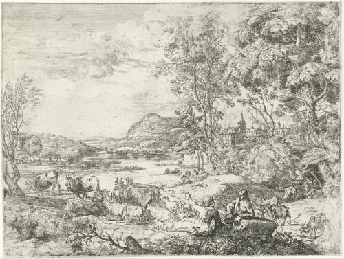 Herder en herderin in gesprek by Claude Lorrain, print, 1649-1653