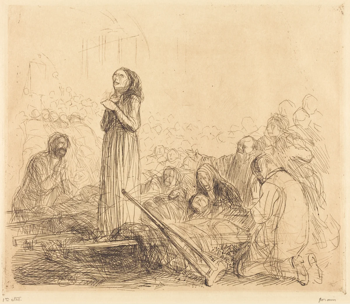 Lourdes, la miraculée (1ère planche) (Lourdes, the Miracle) (first plate) by Jean-Louis Forain, print, 1912-1913