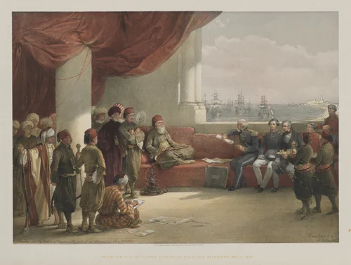 Egypt and Nubia, Volume III: Interview with the Viceroy of Egypt, at his Palace, Alexandria by Louis Haghe, print, 1848