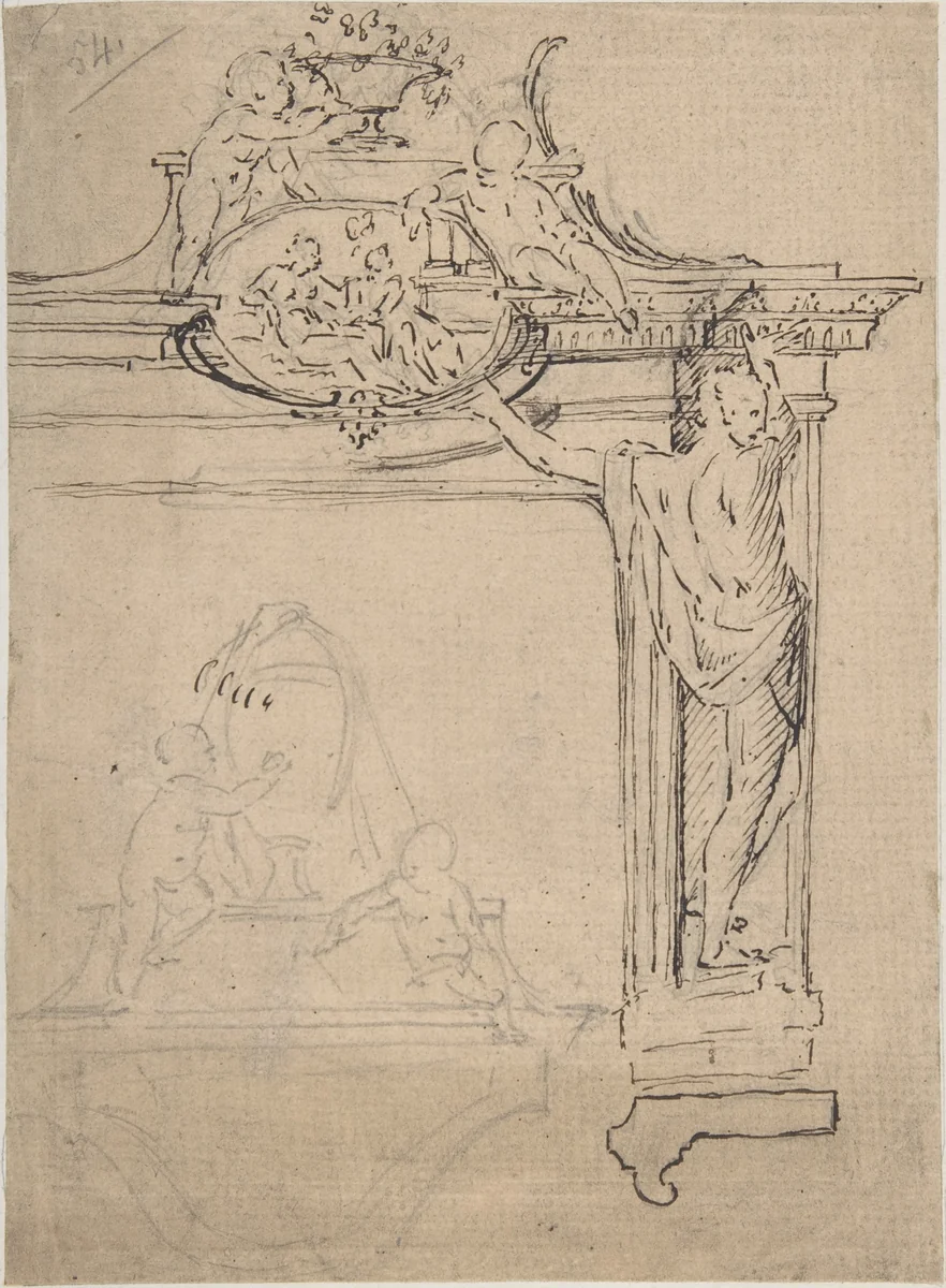 Framing Element with Figures (?) by anonymous, drawing, 1600-1699