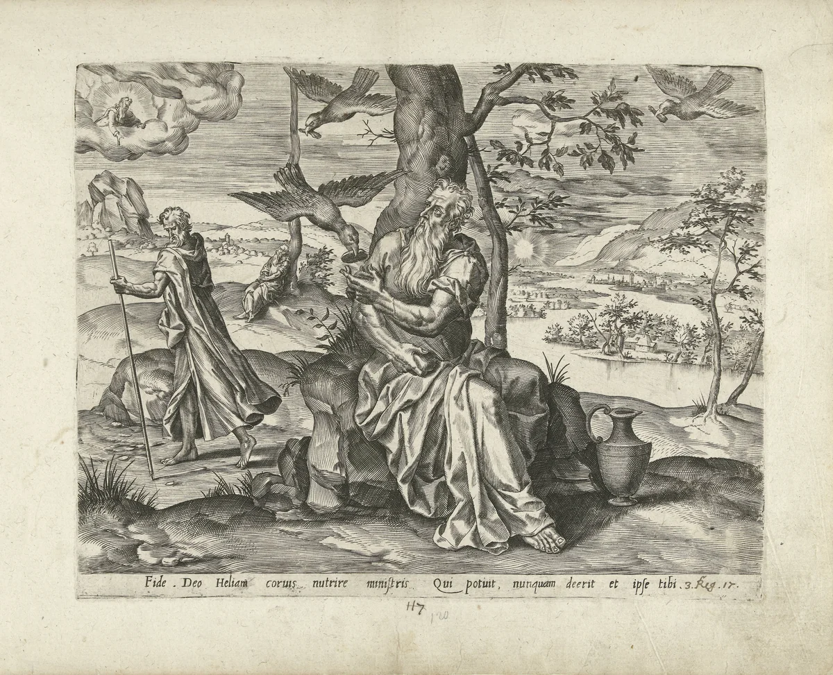 Elia gevoed door raven by Pieter Jalhea Furnius, print, 1550-1625