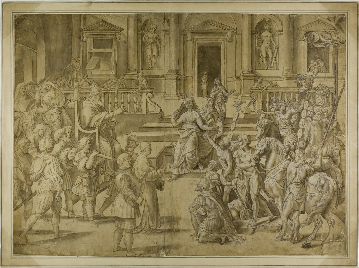 Pope Sylvester Blessing the Emperor Constantine by Giulio Romano, drawing, 1519-1546