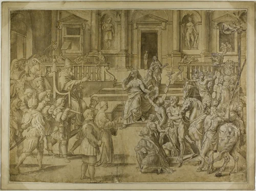 Pope Sylvester Blessing the Emperor Constantine by Giulio Romano, drawing, 1519-1546