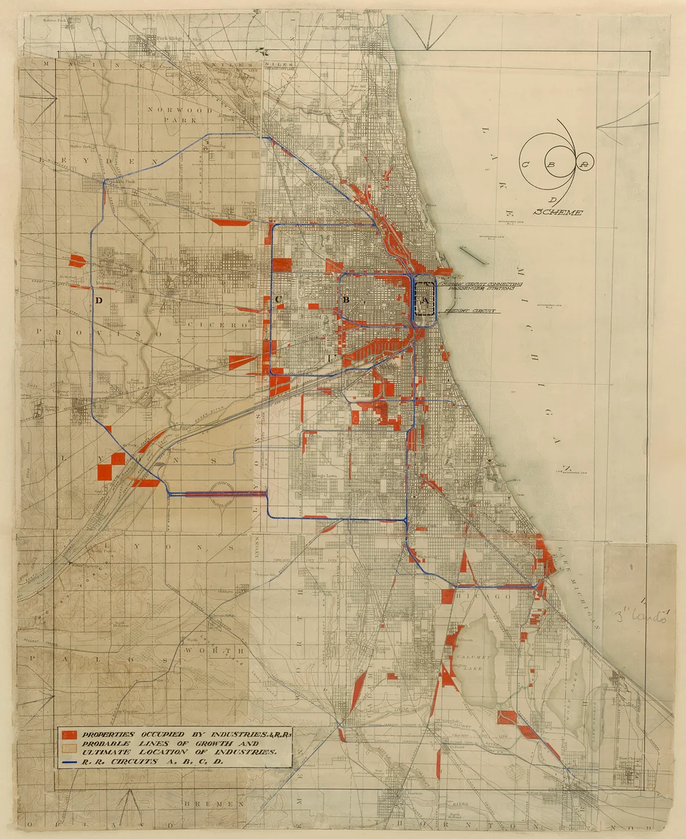 Plan of Chicago, Chicago, Illinois, Railroad Circuits Diagram by Daniel Hudson Burnham
Edward Herbert Bennett, drawing, 1909