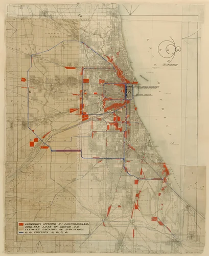 Plan of Chicago, Chicago, Illinois, Railroad Circuits Diagram by Daniel Hudson Burnham
Edward Herbert Bennett, drawing, 1909