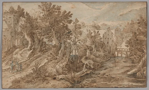 Village Scene with a River and Wooden Bridge by Peeter Stevens, drawing, 1595-1600
