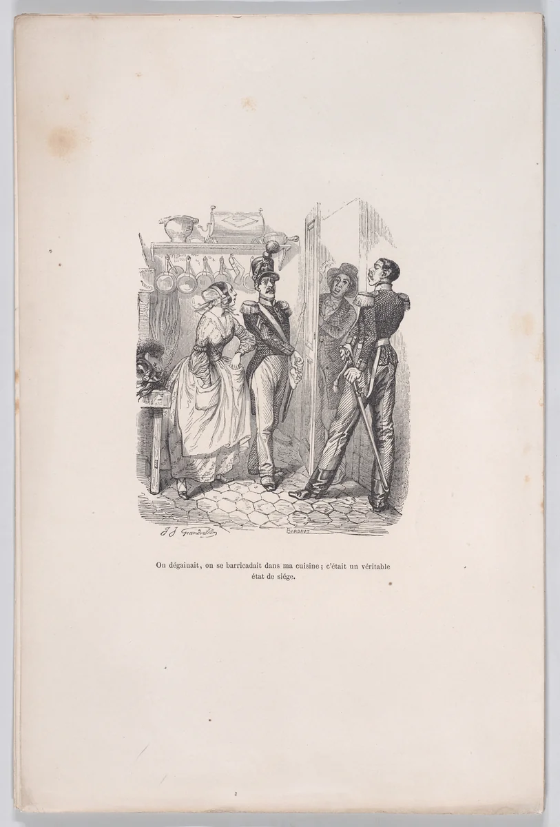 We drew and barricaded ourselves in my kitchen; it truly a state of seige, from "Little Miseries of Human Life" by J. J. Grandville, print, 1843