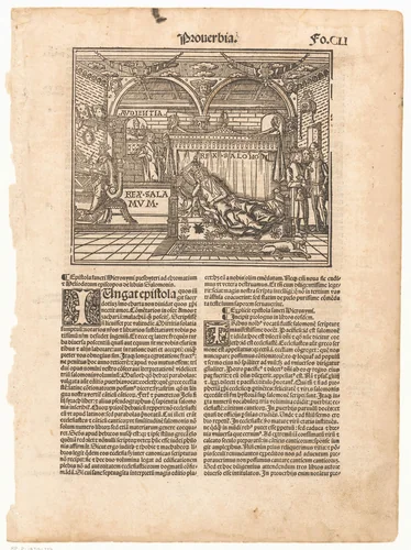 Koning Salomon in bed en aan een schrijftafel by anonymous, print, 1500-1599
