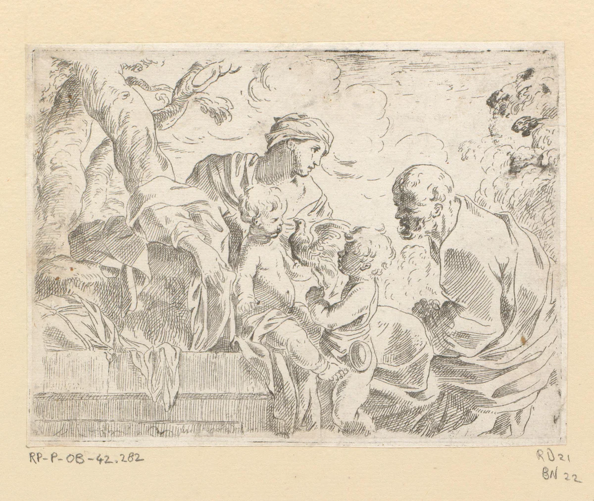 Heilige Familie met Johannes de Doper en vogel by Sébastien Bourdon, print, 1626-1671
