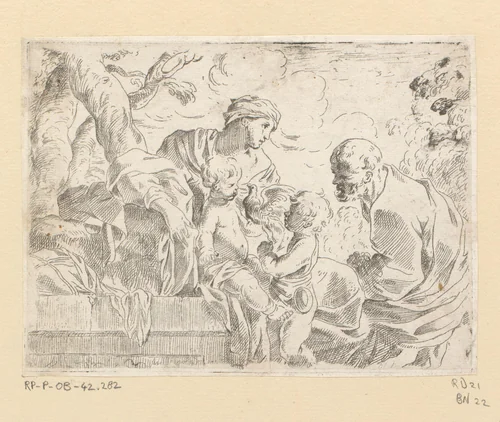 Heilige Familie met Johannes de Doper en vogel by Sébastien Bourdon, print, 1626-1671