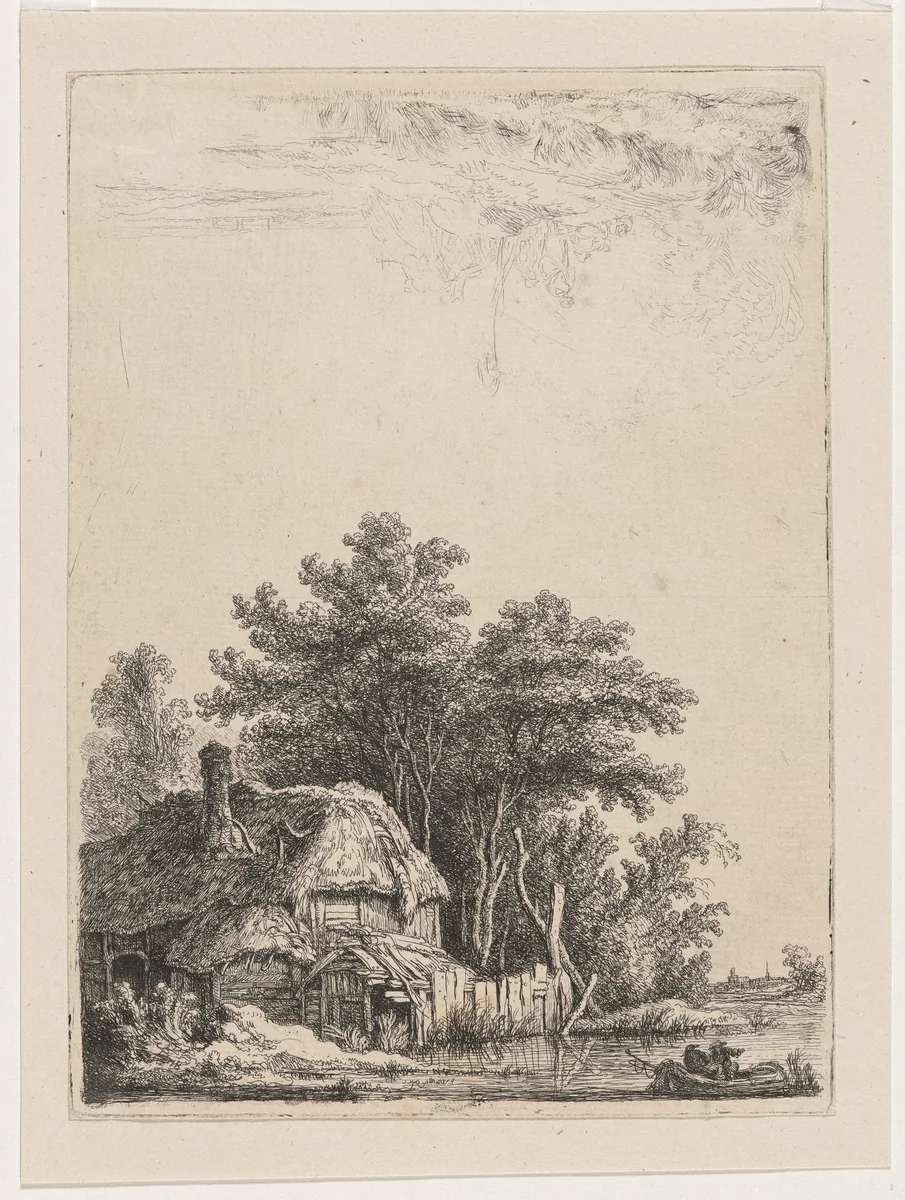 Landscape with Cottage on the Water / Two Men at the Ford by Franz Edmund Weirotter, print, 1760