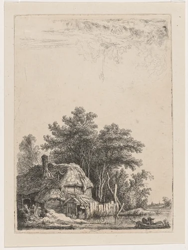 Landscape with Cottage on the Water / Two Men at the Ford by Franz Edmund Weirotter, print, 1760