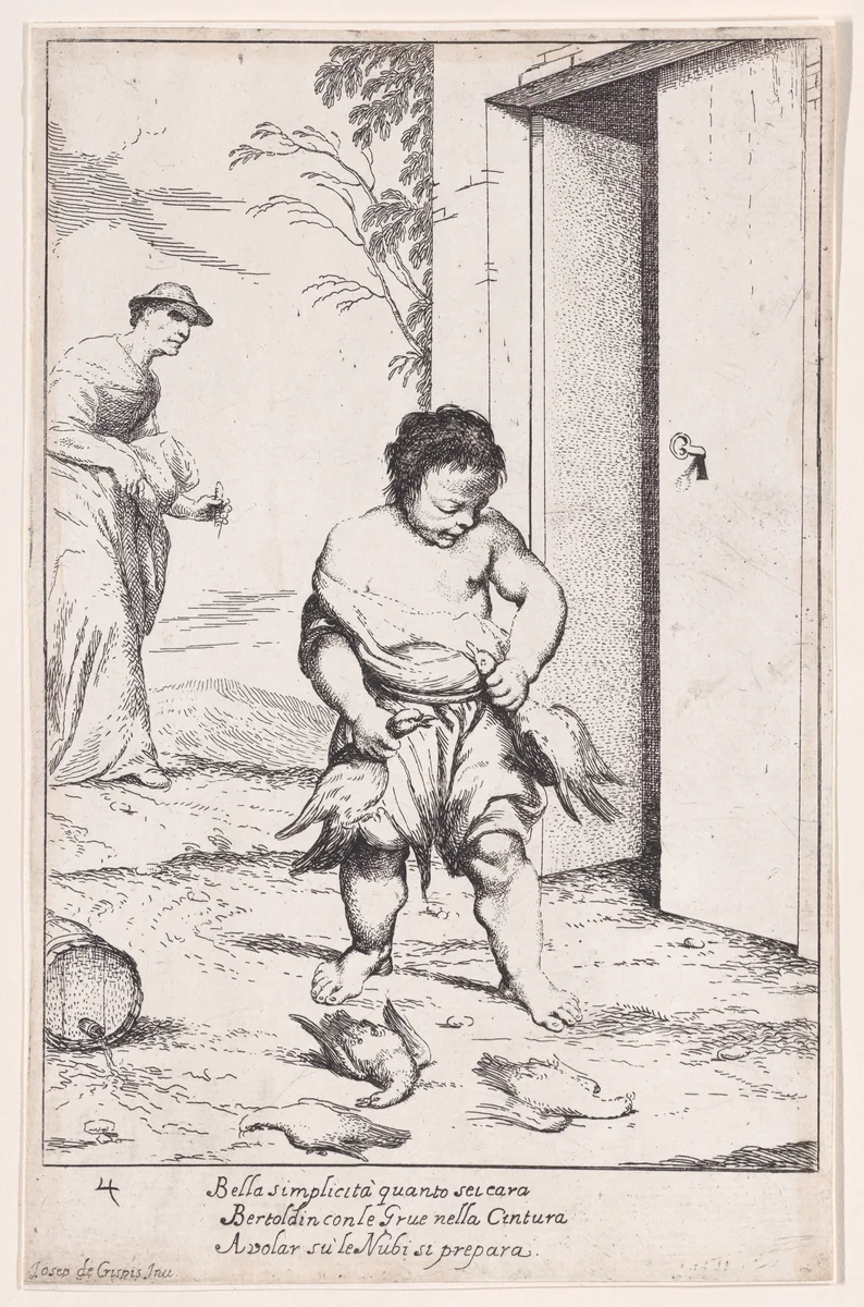Plate 10: Bertoldino fastening geese to his belt, from "Bertoldo, Bertoldino, and Cacasenno" by Giuseppe Maria Crespi, print, 1705-1715