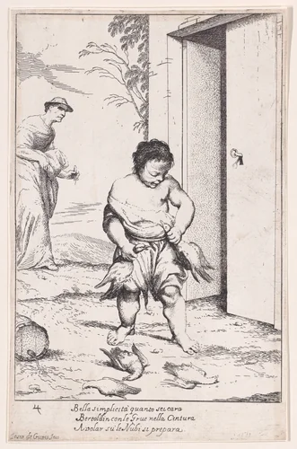 Plate 10: Bertoldino fastening geese to his belt, from "Bertoldo, Bertoldino, and Cacasenno" by Giuseppe Maria Crespi, print, 1705-1715