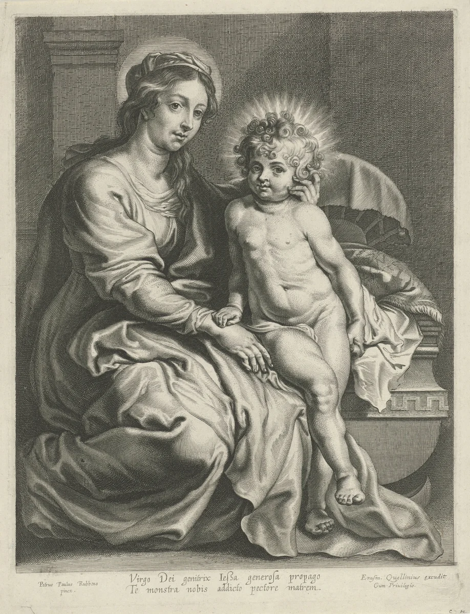 Maria met Christuskind bij wieg by Pieter de Jode, print, 1590-1632