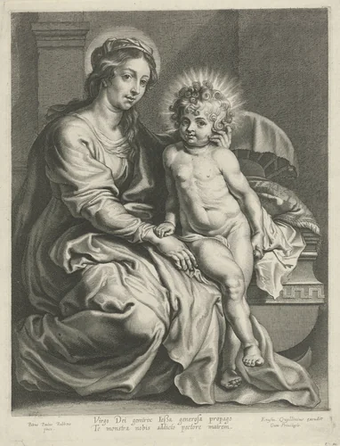 Maria met Christuskind bij wieg by Pieter de Jode, print, 1590-1632