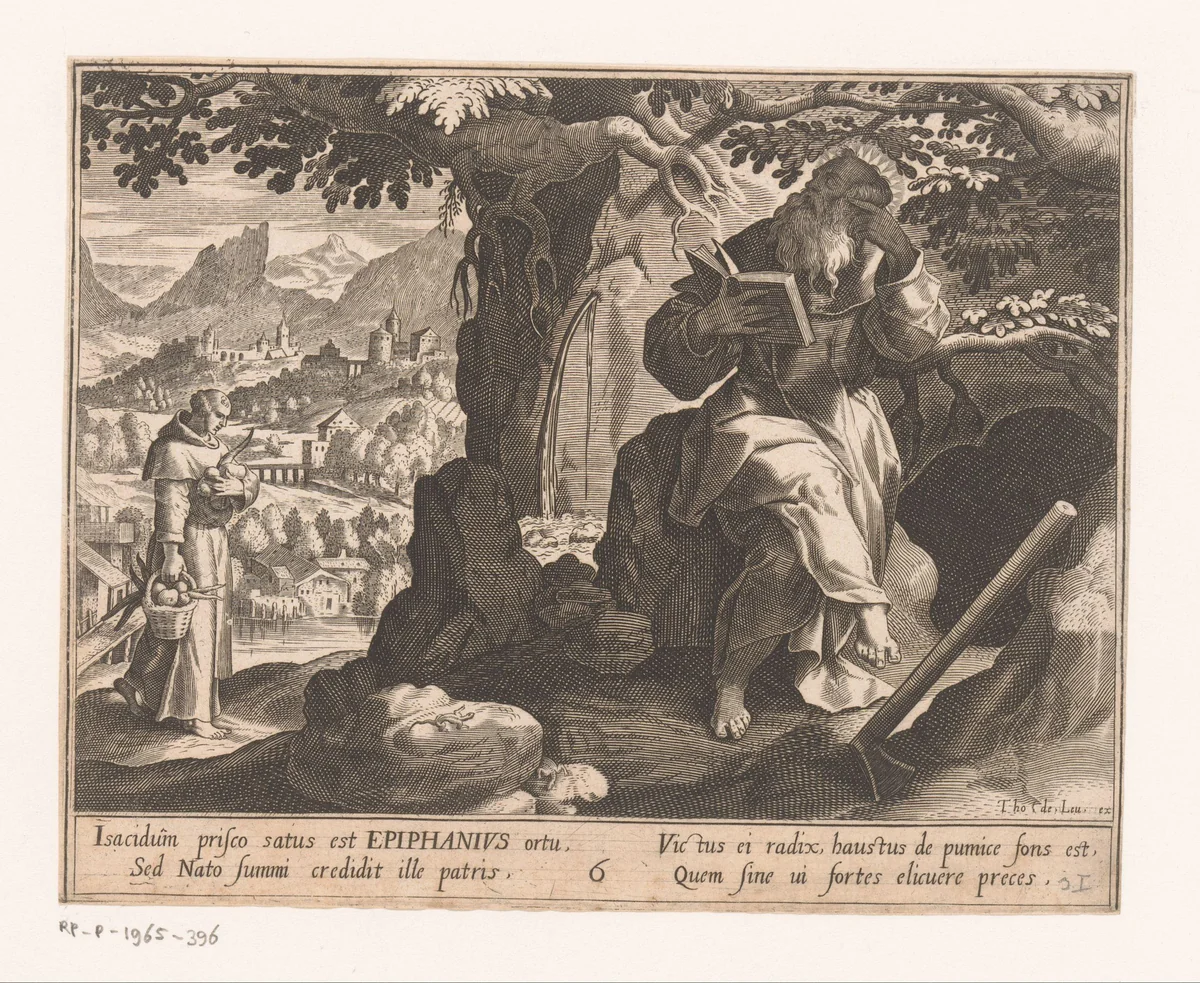 Epiphanius als kluizenaar by Charles van Boeckel, print, 1594-1614
