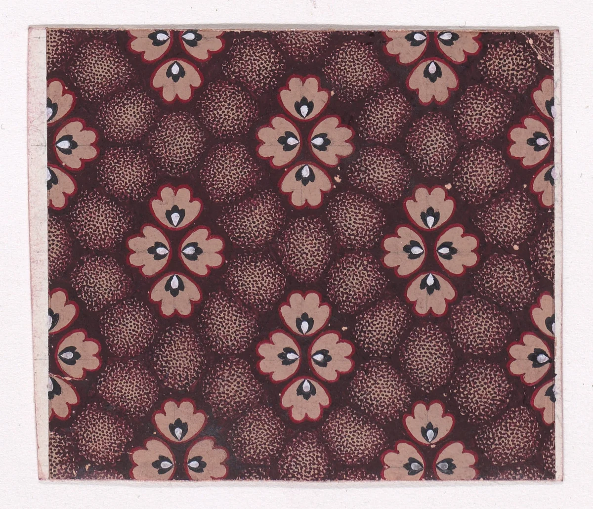 Textile Design with Rosettes with Pearls as Pistils Grouped Together to Form Stylized Flowers over an Abstract Honeycomb Pattern in the Background by anonymous, drawing, 1840