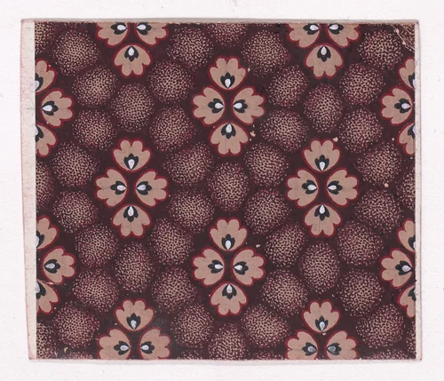 Textile Design with Rosettes with Pearls as Pistils Grouped Together to Form Stylized Flowers over an Abstract Honeycomb Pattern in the Background by anonymous, drawing, 1840