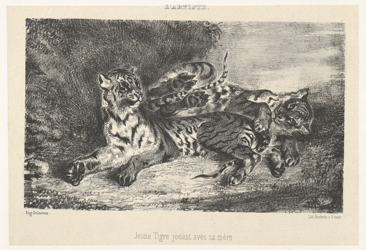 Young Tiger Playing with Its Mother, from "L'Artiste" by Eugène Delacroix, print, 1831
