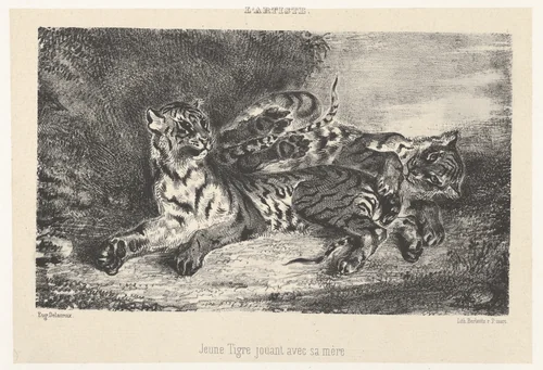 Young Tiger Playing with Its Mother, from "L'Artiste" by Eugène Delacroix, print, 1831