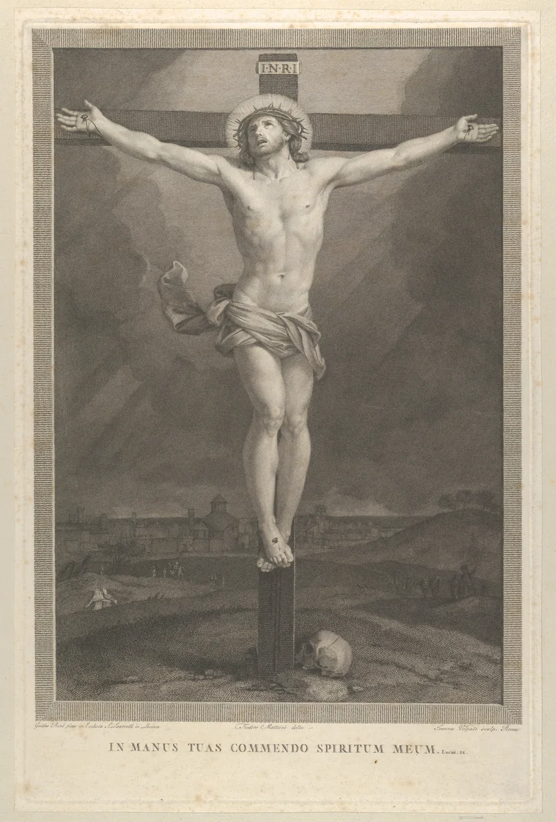 Christ crucified on the cross, a skull at the base, buildings in the background, after Reni by Giovanni Volpato, print, 1765-1803