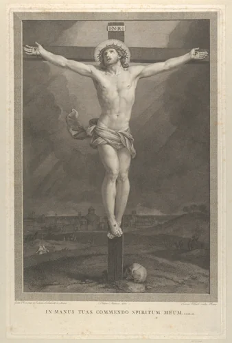 Christ crucified on the cross, a skull at the base, buildings in the background, after Reni by Giovanni Volpato, print, 1765-1803