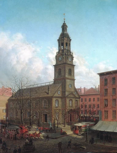 The North Dutch Church, Fulton and William Streets, New York by Edward Lamson Henry, artwork, 1869