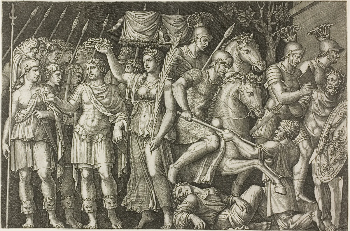 Trajan Crowned by Victory by Marcantonio Raimondi, print, 1520-1525