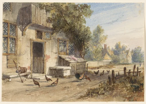 Boerderij met kippen op de landweg daarvoor by Newton Smith Limbird Fielding, drawing, 1851