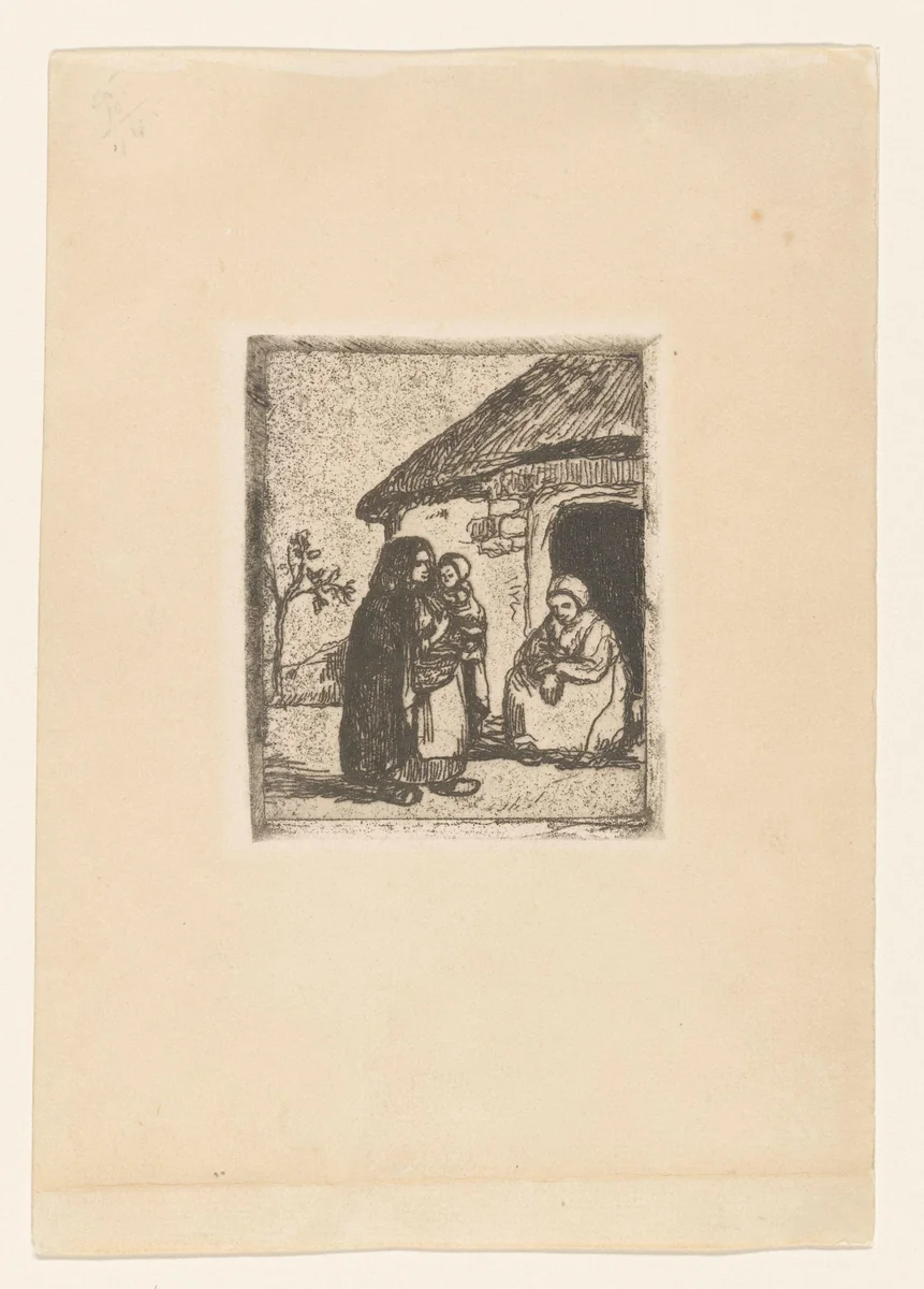Twee vrouwen en kind voor een huis by Jakob Smits, print, 1901-1925