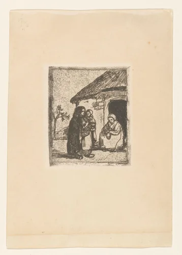 Twee vrouwen en kind voor een huis by Jakob Smits, print, 1901-1925
