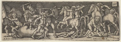 Combat Between Greeks and Trojans by Sebald Beham, print, 1518-1530