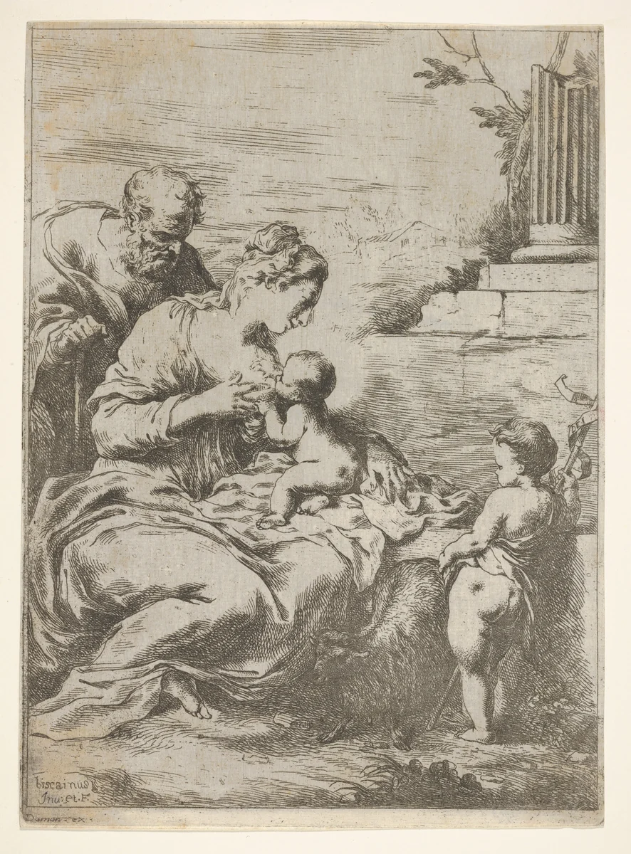 The Holy Family with the infant St John the Baptist at right by Bartolomeo Biscaino, print, 1650-1657