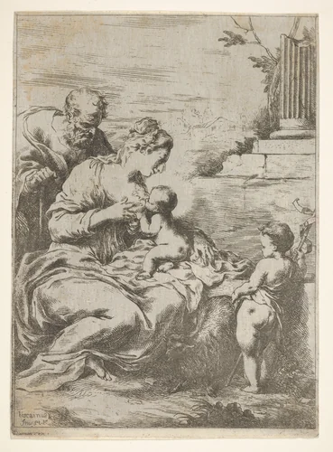 The Holy Family with the infant St John the Baptist at right by Bartolomeo Biscaino, print, 1650-1657