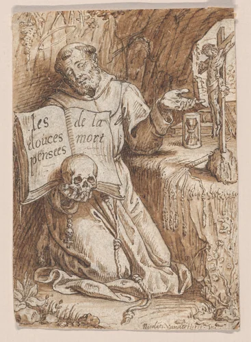 Saint Francis Kneeling in a Grotto, holding a Book and a Skull by Nicolaas van der Horst, drawing, 1627