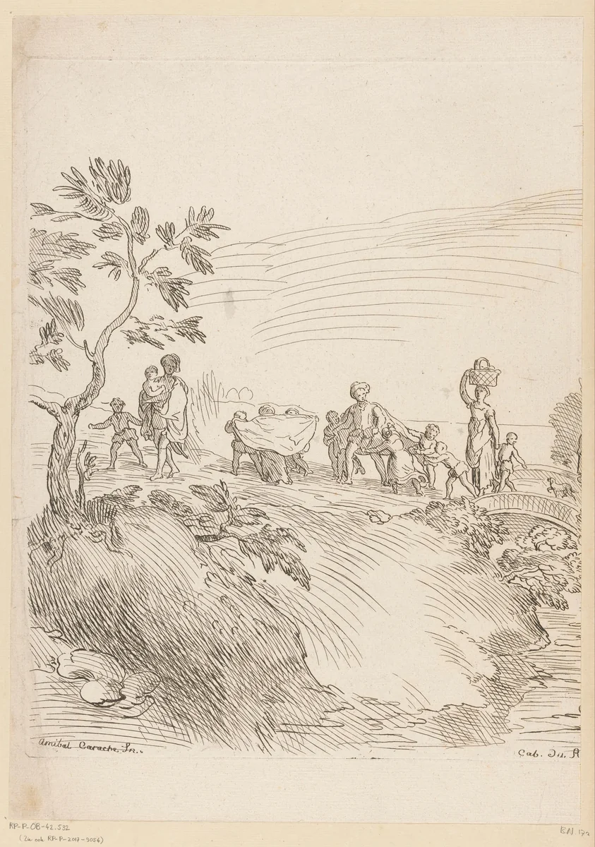 Optocht in een landschap met een brug (linkerdeel) by Anne Claude Philippe Caylus, print, 1702-1765