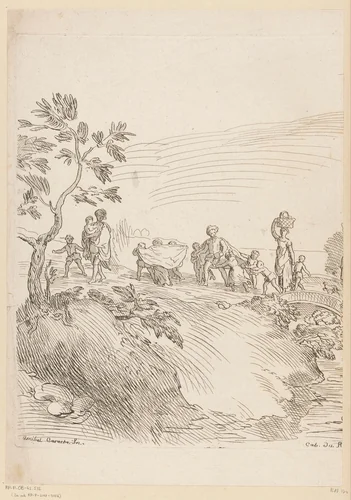 Optocht in een landschap met een brug (linkerdeel) by Anne Claude Philippe Caylus, print, 1702-1765
