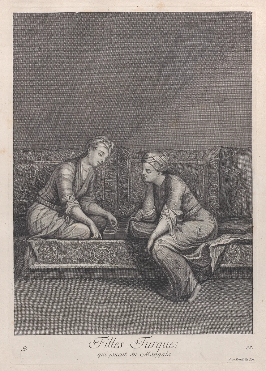 Filles Turques, qui jouent au Mangala, plate 53 from "Recueil de cent estampes représentent differentes nations du Levant" by Jean Baptiste Vanmour, print, 1714-1715