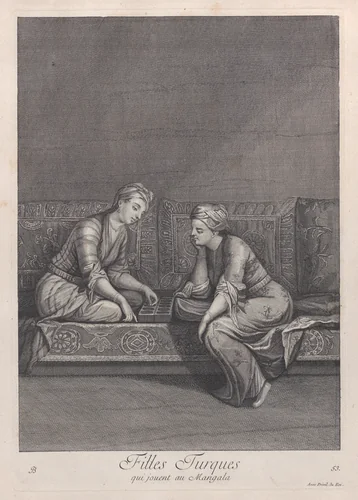 Filles Turques, qui jouent au Mangala, plate 53 from "Recueil de cent estampes représentent differentes nations du Levant" by Jean Baptiste Vanmour, print, 1714-1715