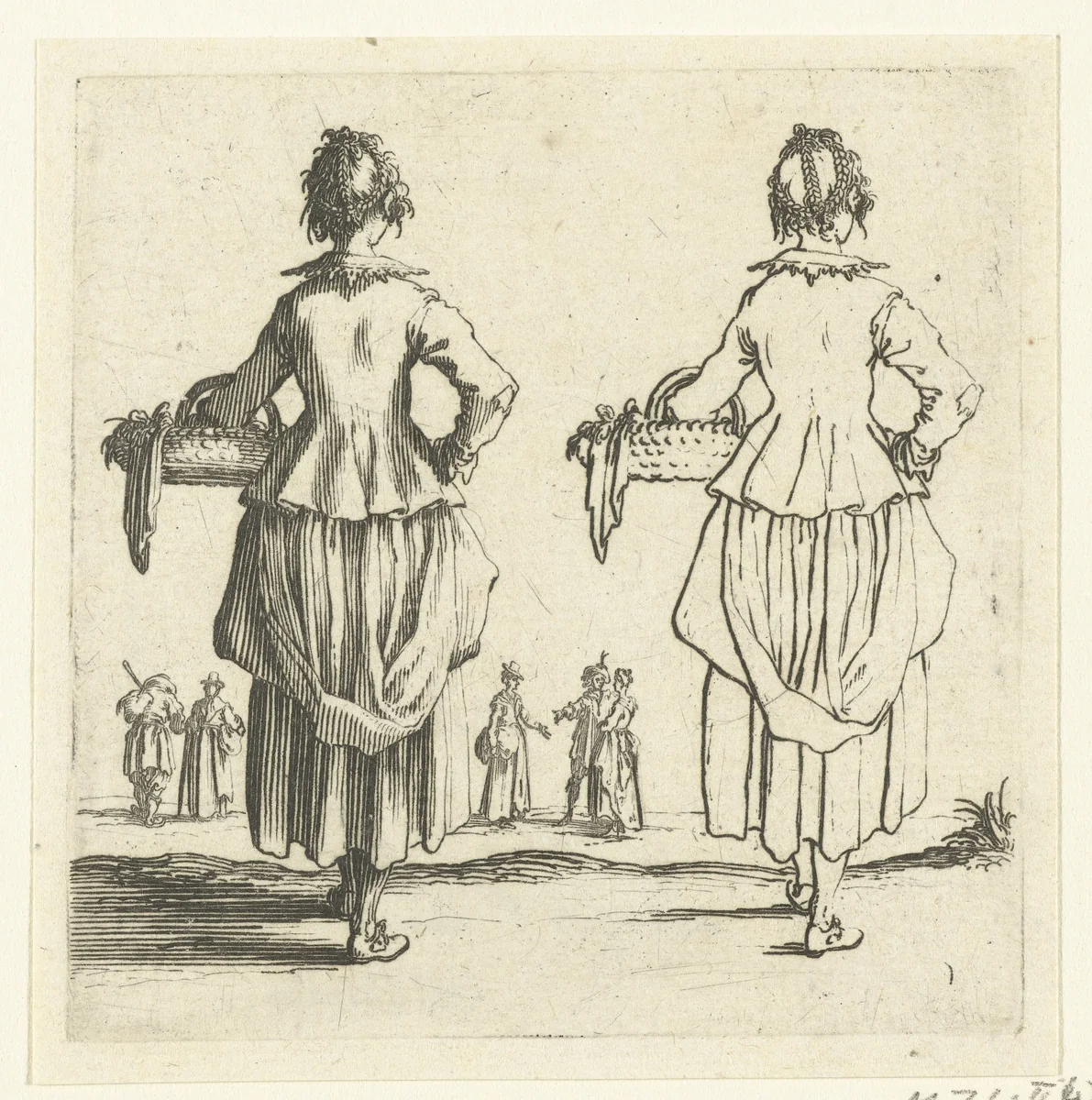 Tweemaal dezelfde boerin met rieten mand, op de rug gezien by Jacques Callot, print, 1621-1624
