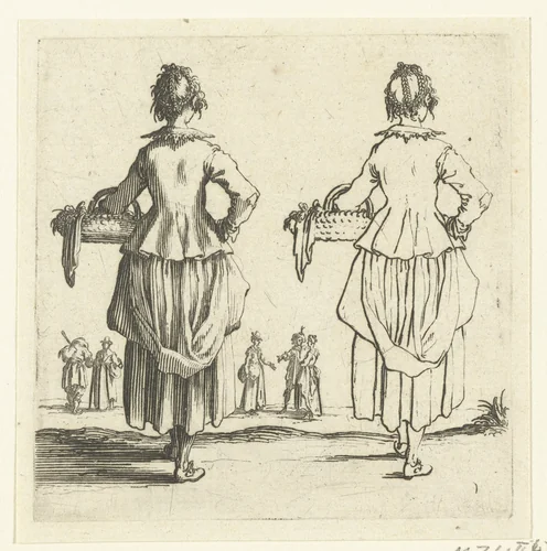 Tweemaal dezelfde boerin met rieten mand, op de rug gezien by Jacques Callot, print, 1621-1624