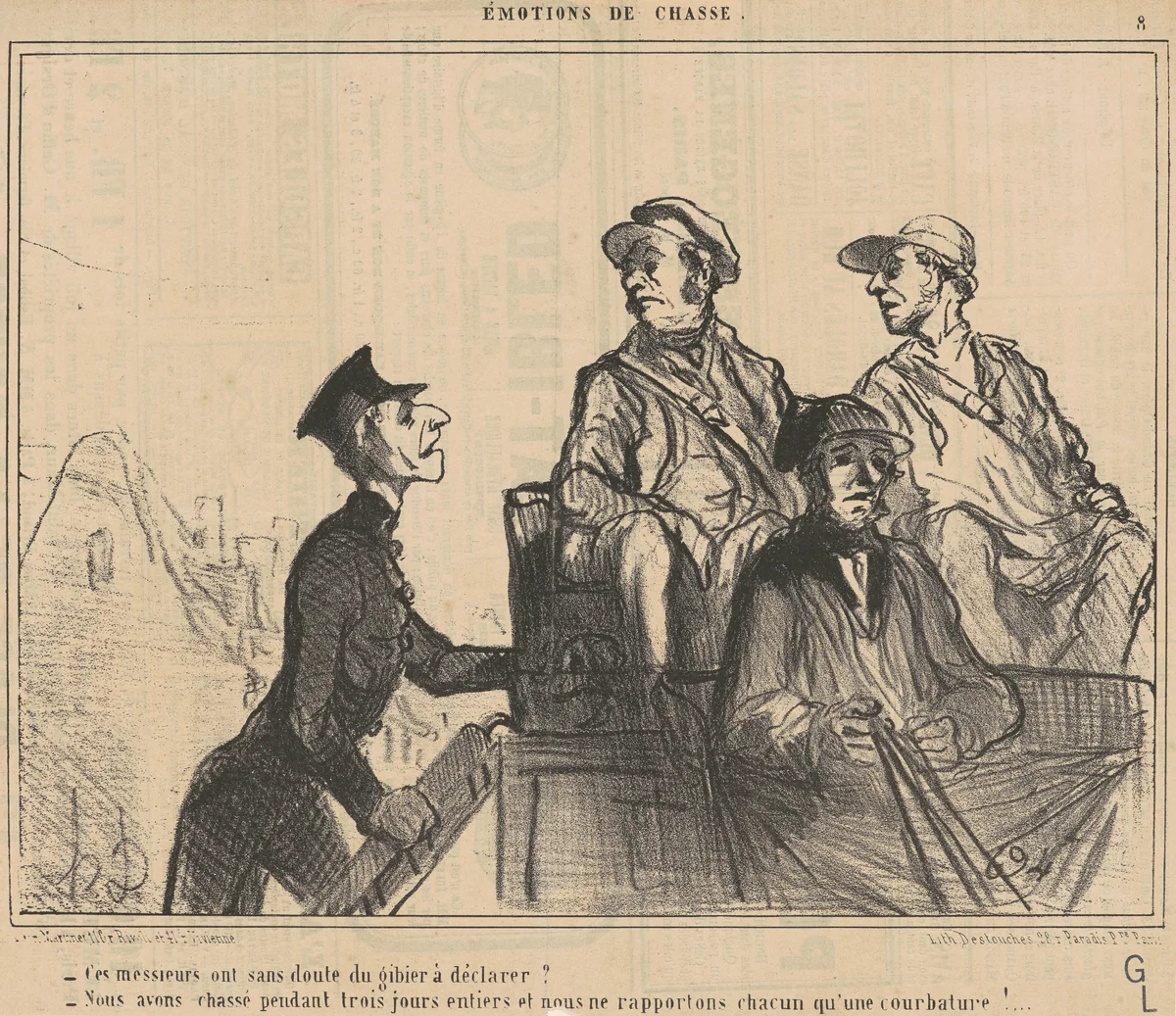 Ce messieurs ont ... du gibier a déclarer? ... by Honoré Daumier, print, 1854