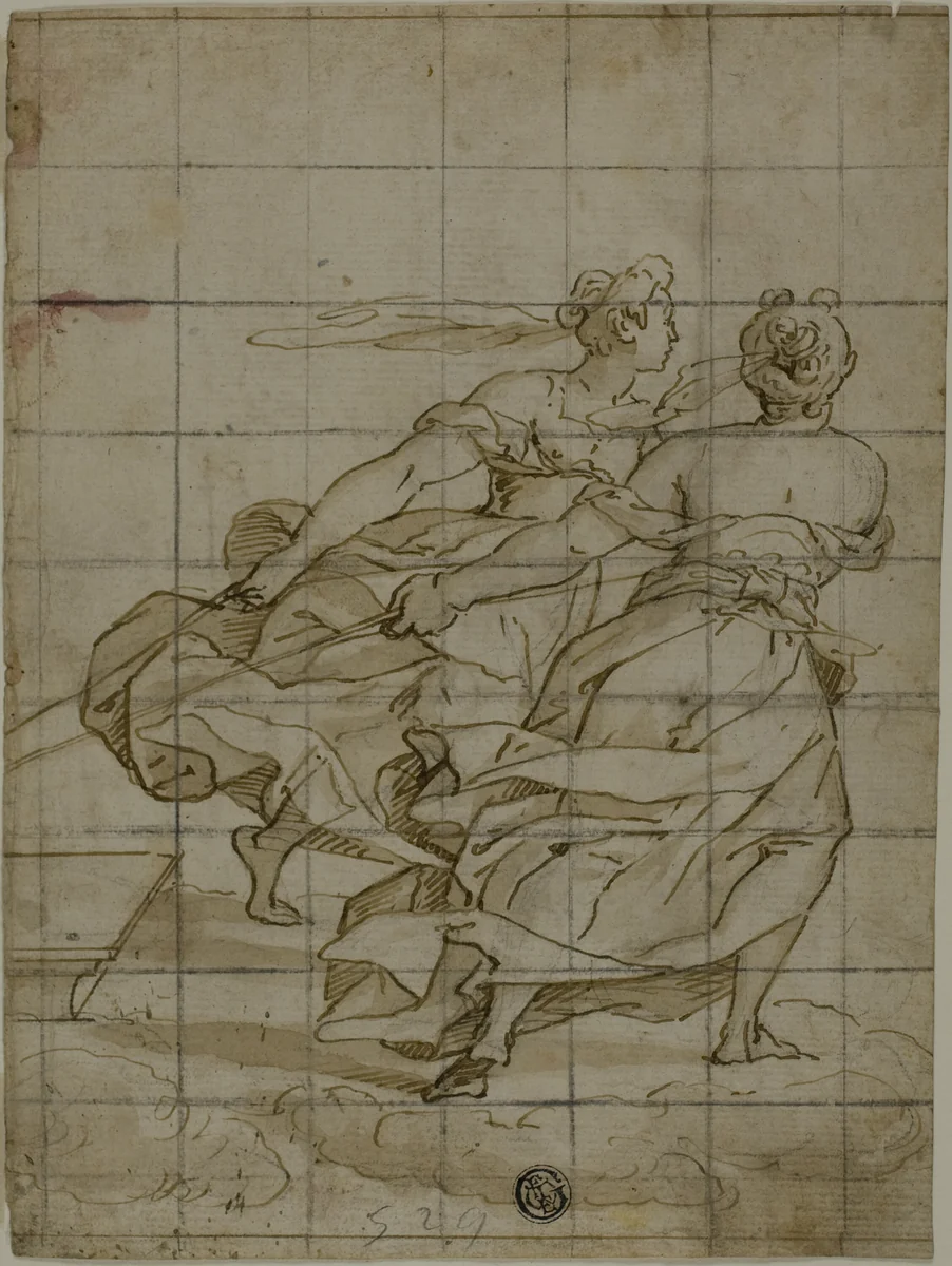 Two Women on Clouds, Pulling a Load by Bernardo Castello, drawing, 1500-1700