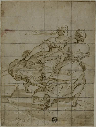 Two Women on Clouds, Pulling a Load by Bernardo Castello, drawing, 1500-1700